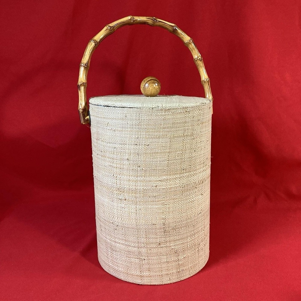 Vintage 1970's  Ice Bucket / Grass Cloth with Faux Bamboo Handle / No Tongs